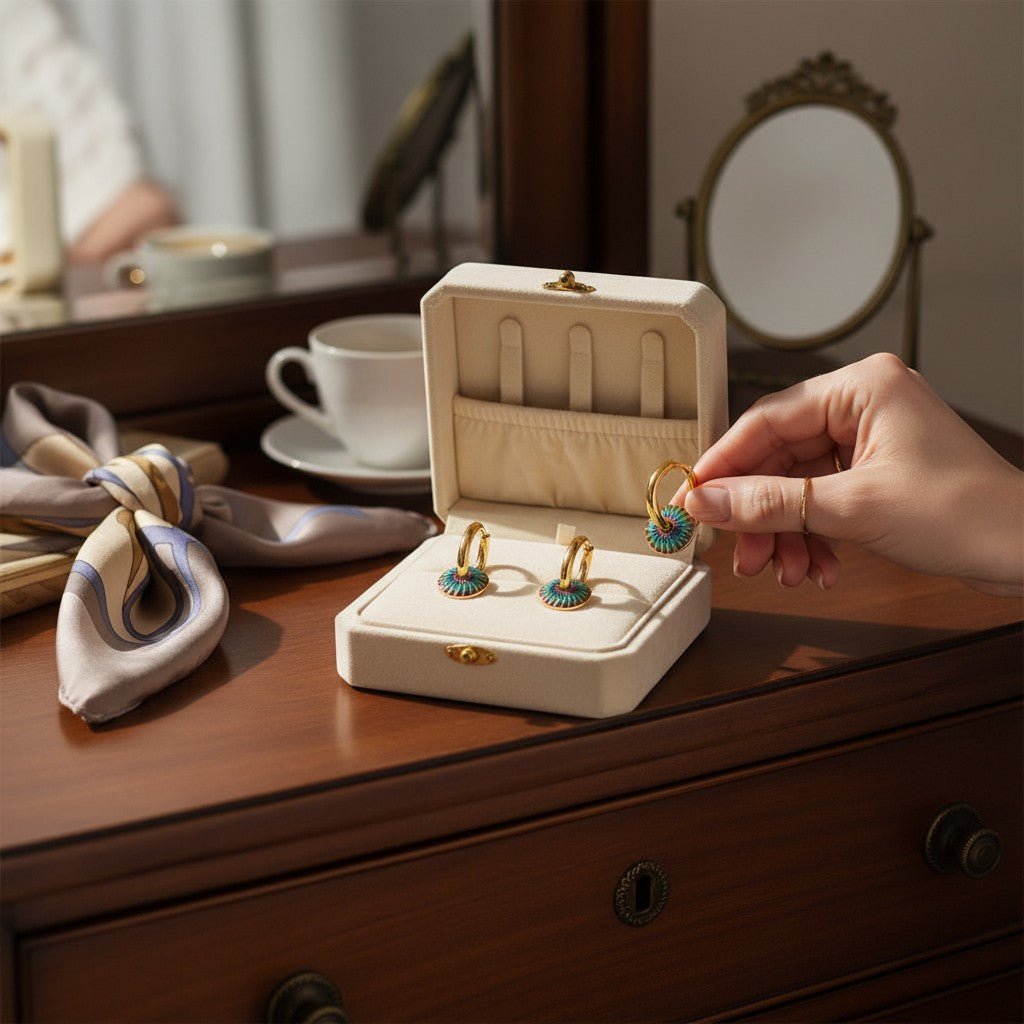 Farbige Edelstahl-Ohrringe mit traditionellen Motiven – für alle, die die Vergangenheit in die Gegenwart tragen.